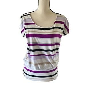 White House Black Market Short Sleeve Striped Top. Purple, White, Black. Sz S.